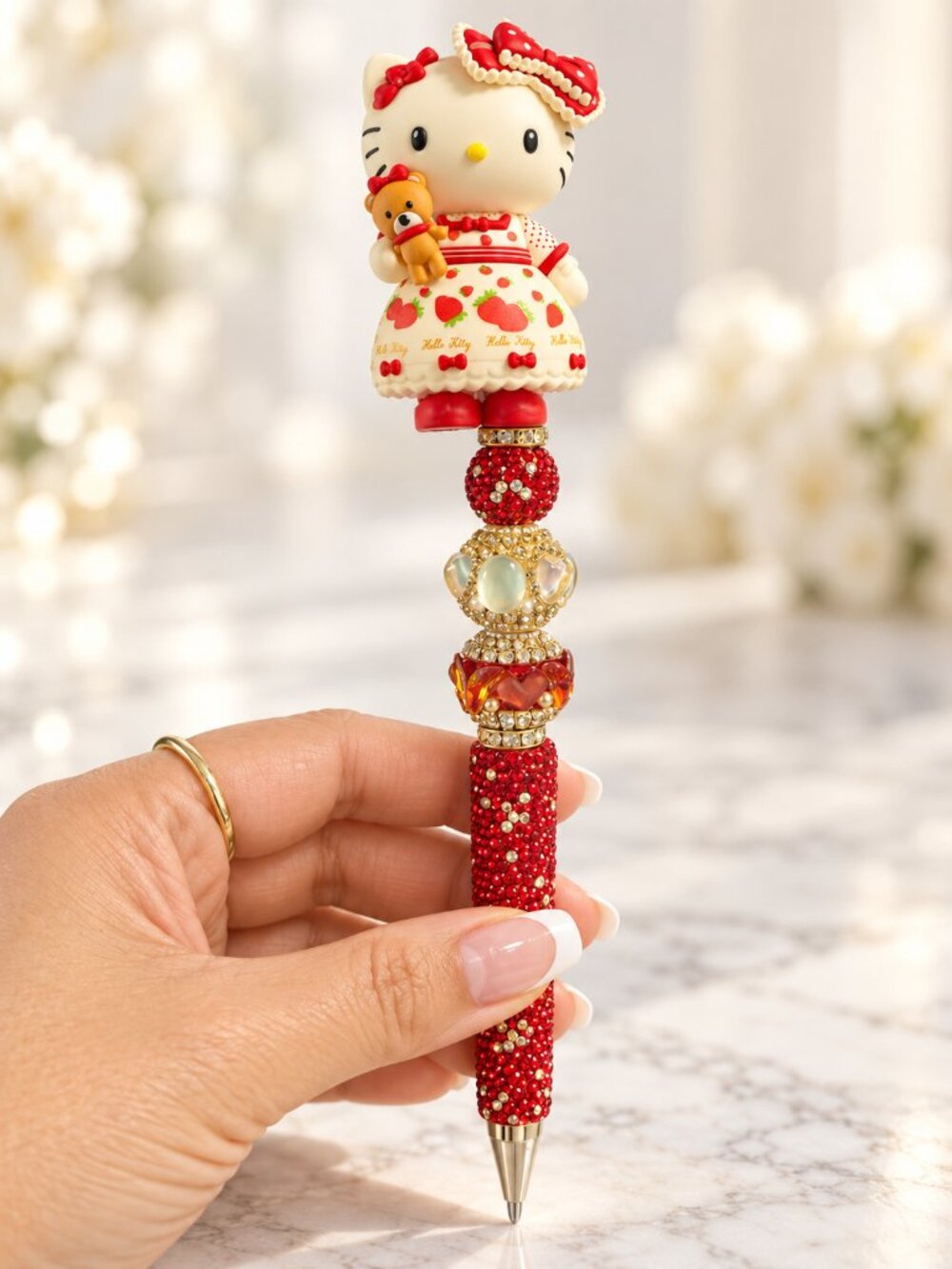 Hello Kitty Strawberry Beaded Bling Pen Red & Gold Rhinestones